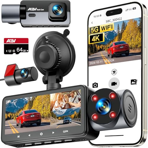 AQV Dashcam Auto mit 5G Wi-Fi, 4K/2K+1080P+1080P Dashcam Vorne Hinten und Innen 3 Lens Autokamera, Infrarot Nachtsicht, 64GB SD-Karte, 3,16 oll, G-Sensor, Loop-Aufnahme, Parküberwachung Max 256GB