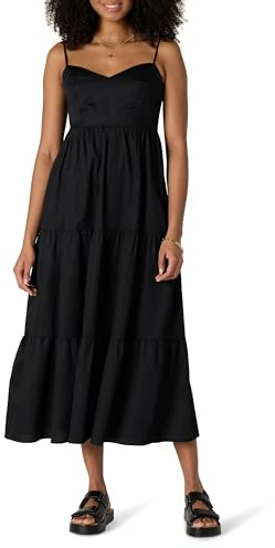 Amazon Essentials Robe Longue Évasée en Satin de Coton Taille Empire Décolleté Cœur Jupe à Volants Étagés Femme