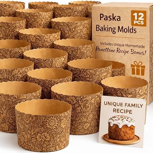 12 oz Kulich & Panettone Baking Molds – 12 Pack | Non-Stick Easter Bread Paper Forms | W 4.3 x H 3.4 | Oven & Microwave Safe | Brown Elegant Design + Bonus Family Recipe