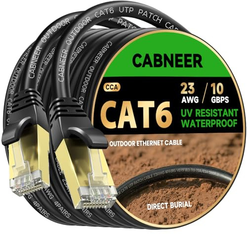 CABNEER Cat 6 Outdoor Ethernet Cable 75M 23AWG LLDPE, Direct Burial UV Weather Resistant Heavy Duty, 10Gbps High Speed Gigabit Internet Network Cable for Garden, CCA UTP with 80 Ties, Black