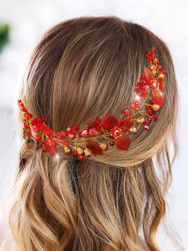IYOU Diadema Novia Boda Tocado Hojas Rojas Accesorio para el Pelo Elegante Novias Invitadas Damas de Honor para Mujeres