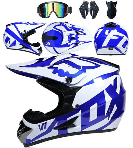 SMTSEC Casque De Moto pour Jeunes Casque De Motocross Adultes Enfants Casques De Cross Casque De Moto Enduro Casque VTT Intégral Certifié Dot avec Lunettes Masque Gants Casque De Descente,Blue/C-S