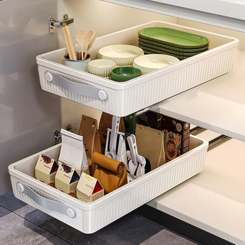 VGECEE Tiroir Télescopique pour Armoires de Cuisine Tiroirs de Cuisine Coulissants 39,7 x 24,3 x 6,7 cm,Tiroir/Panier Télescopique en Plastique avec Bandes Adhésives sur Rails pour sous Évier | Tiroir coulissant amovible avec film adhésif, organiseur tiroir télescopique amovible pour armoire sans perçage