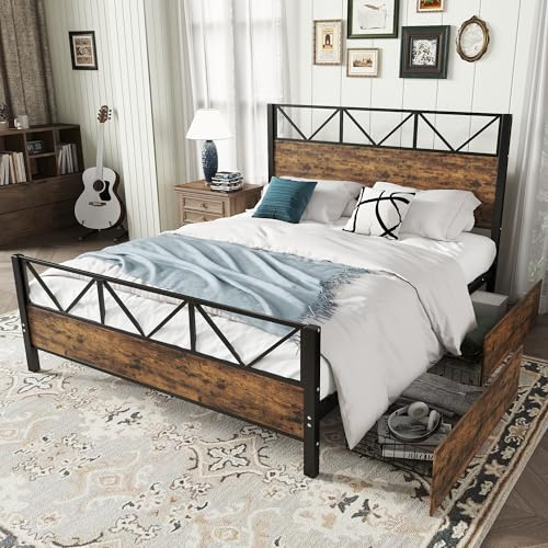 BOSTEU Metal Bed, 4ft6 Double Bed 135x190cm with 2 Drawers, Multifunctional Youth Storage Bed for Adults & Teenagers, Without Mattress, Black