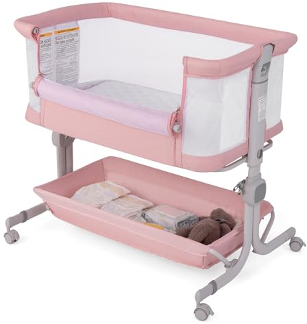 GOPLUS 3 in 1 Beistellbett, Kinderbett mit 6-Fach Einstellbarer Höhe, Neigungswinkel von 3°-8°, Ablagefläche & feststellbaren Rädern, Reisebett für Baby bis 6 Monaten bis 9 kg (Rosa)