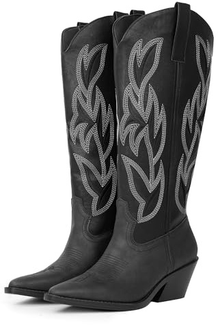 Hawkwell Bottes de Cowboy pour Femme Hautes – Santiags à Talon Bloc avec Broderies – Bottes Western en Simili Cuir avec Fermeture Éclair, Style Rétro Country, Noir, EU 39.5