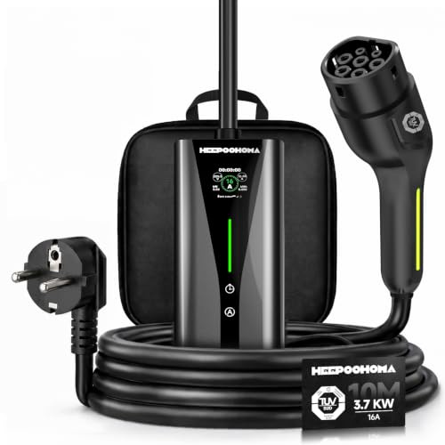 Cable de carga Schuko tipo 2, 10 m, 3,68 kW, cargador EV 6 – 16 A ajustable, cable de carga para coche eléctrico de 1 fase, con indicador LED, estación de carga portátil IP65 para PHEV/EV (HPO – 3,7