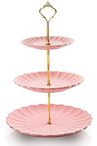 Sweejar 3 Tier Ceramic Cake Stand Wedding, Dessert Cupcake Stand for Tea Party Serving Platter (Pink)