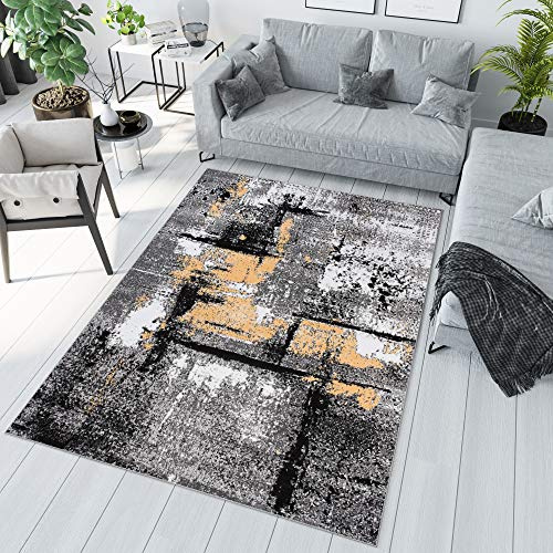 TAPISO Maya Teppich Kurzflor Grau Creme Schwarz Gelb Meliert 130 x 190 cm