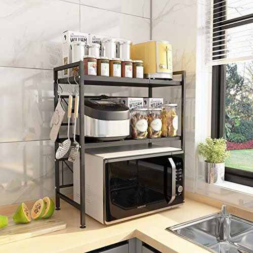 Mocosy 2 Tier Expandable Microwave Oven Rack, Heavy Duty Extendable Microwave Shelf Stand with 3 Hooks, Height Adjustable Kitchen Counter Organiser Toaster Baker’s Rack (Black)