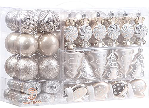 Sea Team 77er Pack Assorted bruchsichere Weihnachtskugeln Weihnachtsschmuck Set Dekorative Kugeln Anhänger mit wiederverwendbarem Geschenkpaket für den Weihnachtsbaum
