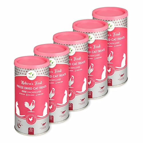 Pawfect Nature's Feast Freeze Dried Cat Treats | 100% Natural Chicken liver Treat | Single Ingredient | Grain Free | Food Topper for Cats - Pack of 5 (250g/8.81oz)