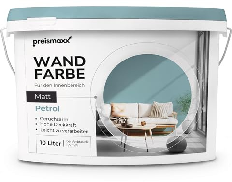 Preismaxx Profiweiß Wandfarbe blau 10L, hohe Deckkraft, Dispersionsfarbe innen, Innenwandfarbe Raumfarbe petrol deckend, Deckkraftklasse 2, matt Innenfarbe Profi Qualität