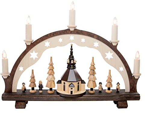 Rudolphs Schatzkiste Schwibbogen Seiffener Dorf mit Kirche EL. Beleuchtet BxHxT 42x31x7cm NEU Lichterbogen Fensterbogen Spitzbogen Erzgebirge Weihnachten Bergbau Bergmann Licht Holz Dekoration
