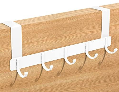 Türaufhänger mit 5-Haken,Türgarderobe Türhaken,Türgarderobe Hakenleiste Abnehmbar Türhaken, Edelstahl Rostfrei Türhänger für die Tür Ohne Bohren Kleiderhaken für Türfalzstärken bis 1-2cm (white)
