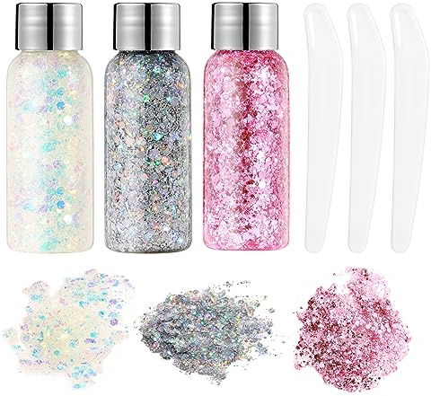 URAQT Body Glitter Gel, 3Pcs Holographic Mermaid Sequins Chunky Cosmetic Face and Sparkling Festival Party Lotion for Eye Hair Nail Makeup DIY Art, White & Silver Pink
