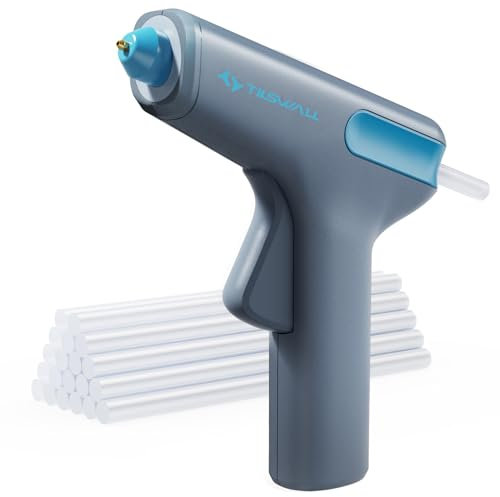 Tilswall Heißklebepistole Akku, Kabellos Heissklebepistole, 30s Schnell Aufheizen Klebepistole, Typ-C Hot Glue Gun mit 10 Klebesticks 7mm, Intelligente Abschaltfunktion für DIY, Haus & Büro Reparatur