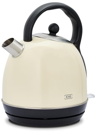 KHG WK-1711 (C) Wasserkocher Retro 1,7 Liter, Kessel-Wasserkocher Creme, 360° Sockel, Kalkfilter, Wasserstandsanzeige, Trockengehschutz, verdecktes Heizelement, LED Leuchte, 2200 W & 220 V