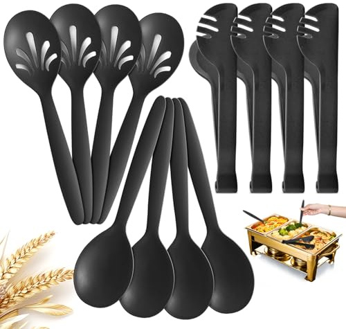 RayPard Reusable Plastic Serving Utensils Set of 12, Wheat straw Large Serving set 10 Serving Spoons/10 Slotted Spoons/9.4 Tongs, for Party Buffet Catering (Black, Not for Cooking)