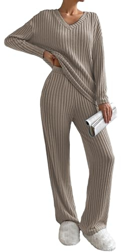 Famulily Womens Pyjamas Set Nightwear, Ladies Ribbed 2 Piece Outfits Loungewear Sets Leisure Suits Homewear V Neck Long Sleeve Jumpers and Wide Leg Trousers with Pockets