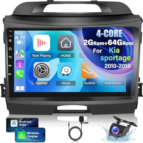 2+64G Car Stereo para KIA Sportage 2010-2016 con Inalámbrico Carplay y Android Auto - Radio con Pantalla táctil de 9 Pulgadas Soporte WiFi GPS Navegación FM RDS Radio 28UI + Backup Camera&Mic
