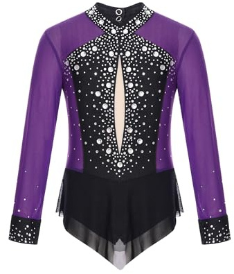 JEATHA Leotardo Brillantes Para Niñas Traje Con Falda De Tul Manga Larga Maillot De Patinaje Artístico Gimnasia Rítmica Body De Bailarina Actuacion Morado 13-14 años