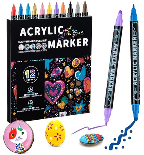 Mzh Art 12 Colors Dual Tip Acrylic Paint Pens Markers, Double Tip Premium Acrylic Markers, Acrylic Markers for Wood, Rock Painting, Glass, Canvas, Stone, DIY Crafts Making Art Supplies