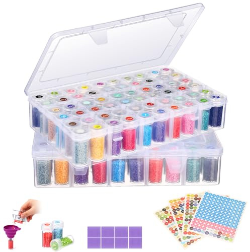 Willinglong 2 Pack Diamond Art Storage Containers Set, Grids Bead Organizer Box with Diamond Painting Accessories Labels for Jewelry Art DIY Dot Craft Bead Storage