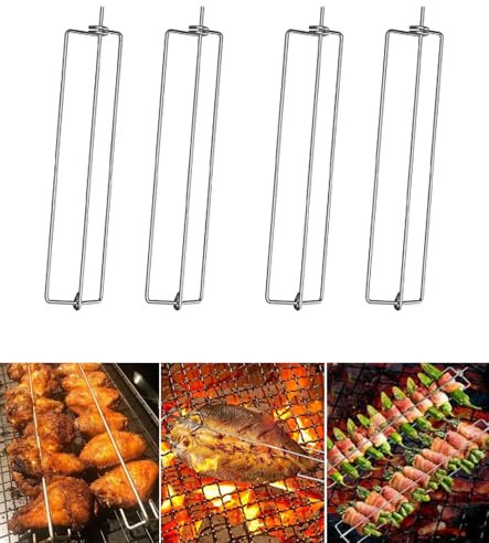 Brochettes pour Barbecue, Rail d'aile de poulet à pince, Brochettes à Viande en Acier Inoxydable, Griller les ailes de Poulet, Brochette Inox Support Poulet Barbecue, Accessoires Barbecue, Lot de 4