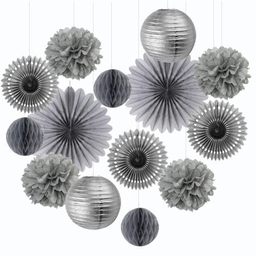 FETETIJD Grey & Silver Party Decorations Kit: Paper Fans, Honeycomb Balls, Tissue Pom Poms & Lanterns for Birthdays, Weddings, Baby Showers & Christmas