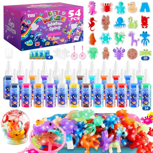THH Water Gel Craft Kit - 54 PCS Non-Toxic DIY Aqua Gelz Set with 24 Safe Gel Beads & 20 Molds, Educational STEM Arts Activity Toys for Girls Ages 4-8, Creative Holiday Birthday Gift