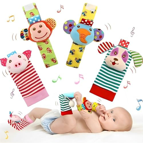 VONJUMA Jouet Bebe De 3 6 9 Mois Ensemble De Poignet Et Chaussettes Hochet Sonore Fort Et De Taille Convenable Développement Sensoriel Et Cadeau Bebe Naissance Singe Et Porcelet