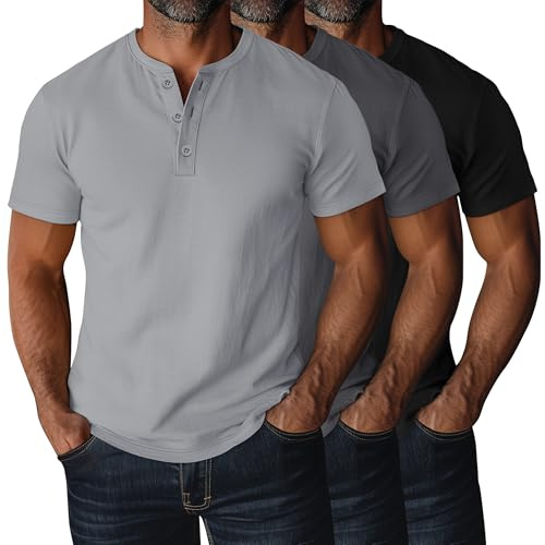 Ficerd Confezione da 3 Magliette Henley Uomo Taglie Forti Maniche Corte Plus Size Ampie Casual Basiche Oversized(XL,Nero, Grigio Scuro, Grigio Chiaro)