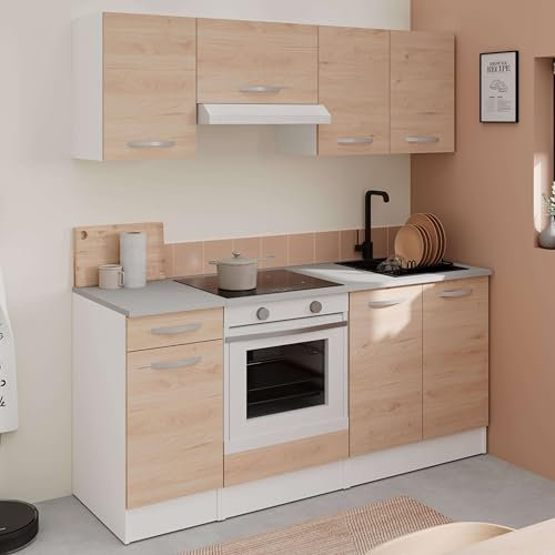 Miroytengo Pack de Muebles de Cocina EKO Estilo Moderno en Color Blanco Mate y Roble Jackson con Módulos Fregadero Campana y Horno