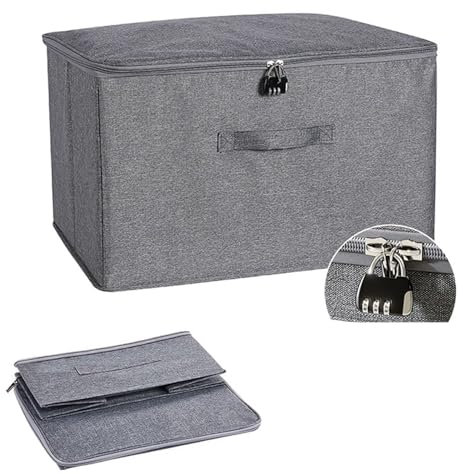 HIKENRI Lockable Storage Box,Collapsible Storage Boxes With Lids Fabric,Combination Lock Box,Stackable Cubes Lock Boxs For Wardrobe,T-Shirts,Clothes,Scarves,Small Toy(Grey/45 * 35 * 26cm)