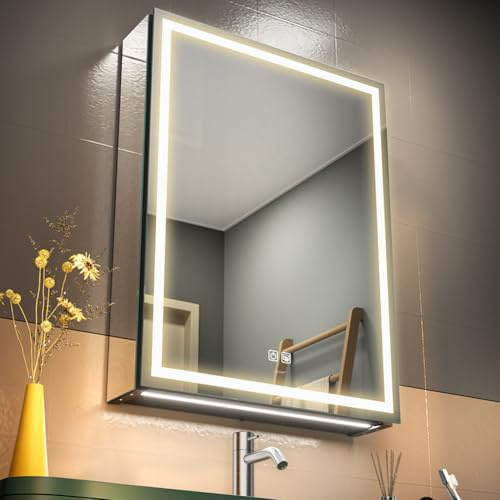GANPE LED Lighted Bathroom Medicine Mirror Cabinet with Sockets & USBs, Anti-Fog Dimmable Light and Color Adjustment, Easy to Install Aluminum Cabinet (20 * 28 Right Hinge)