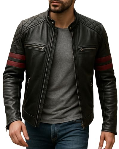 TRESSANO Giacca da motociclista nera da uomo, in pelle, con strisce rosse, trapuntate, spalle e maniche, chiusura con cerniera, nero, 4X-Large