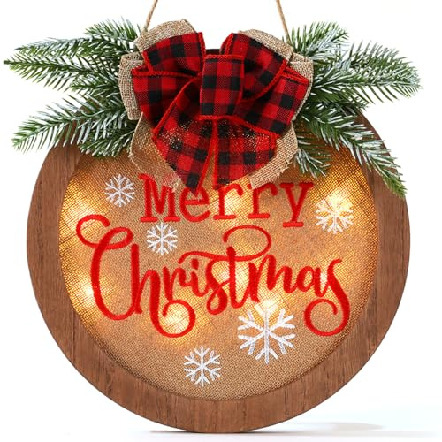 HOMCDALY Christmas Welcome Sign for Front Door, Winter Merry Christmas Wreath, Farmhouse Door Decoration Wooden Hanging Sign, Winter Home Decoration (F-Xmas)