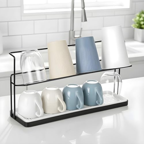 2-Tier Bottle Drying Rack Cup Cradle Storage with Drain Removable Tray Mug Organizer, Over Sink Instant Dry Small Dish Dryer for Kitchen Countertop Water Bottles and Tumblers,Coffee Mugs, Glasses,