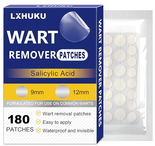 LXHUKU Maximum Strength Salicylic Acid Wart Remover Patches, 180 Count - Fast, Gentle Removal, Waterproof, Invisible, Suitable for Plantar, Common, Flat Warts, Corns, Calluses