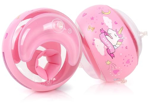 Barnarmband 1–6 år, uppblåsbart babyarmband, barnpoolarmband med 6 oberoende krockkuddar, poolarmband med luftpump 11-30 kg, rosa