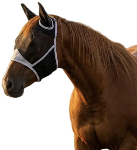 Mascara Moscas Caballo, Mascara Antimoscas Caballo Negra Entera, Máscara De Malla Negra con Protección para Ojos Y Orejas, Cierre con Velcro, Diseño Fácil De Poner, Tallas S-L (M)