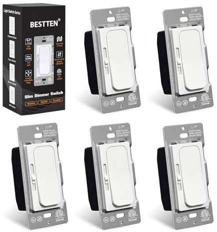 BESTTEN 5 Pack Super Slim Quiet Dimmer Light Switch, Smooth Slide Dimmer Switch, Single Pole or 3 Way Dimmable Light Switch, for LED, CFL, Incandescent, Halogen, ETL Listed, White