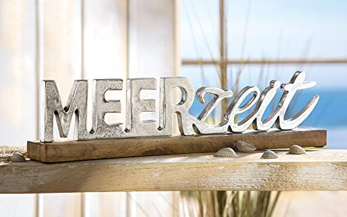 MF Gilde Schriftzug Meerzeit auf echtem Mango Holz Sockel Aluminium 48cm Länge
