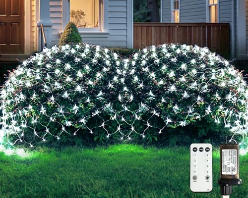 JMEXSUSS Outdoor Net Lights Waterproof, 12ft x 5ft with 8 Modes Remoter, 360 LED Plug in Net Lights for for Bush Patio Christmas Tree Decor (Clear Wire, White)