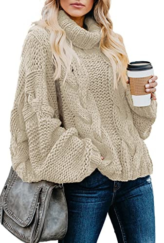 Dokotoo Womens Winter Fall Outifits Casual Turtleneck High Neck Long Sleeve Cable Knit Chunky Sweaters Pullover Outerwear Beige Large