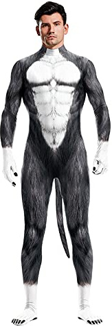 Body animal avec grande queue pour hommes et femmes – combinaison en fourrure imprimée – Costume catsuit à thème d'Halloween et fête de costumade, loup, taille XL