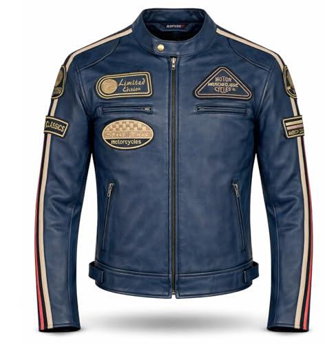 PRO FUTURE Giubbotto Moto in pelle da Uomo ASPIDEX Vintage Custom & Café Race Stile Harley (S, BLU)
