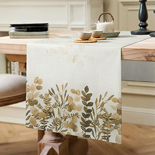 Runner Tavola Moderno Decorazioni Runner da Tavola Foglie di Eucalipto Giallo Lavabile Lino Tovaglia Runner Rettangolare Decorazione per Tavolo da Pranzo Cucina Picnic Feste Agriturismo 40x140cm