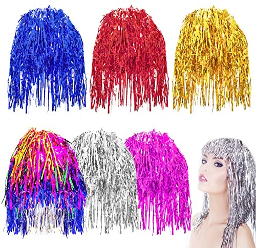 6-Piece Foil Tinsel Wigs - Shiny Party Wigs for Women